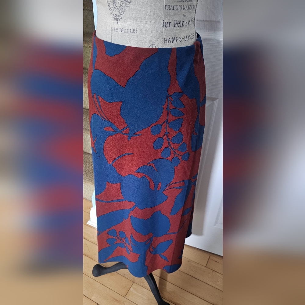 LOFT Blue and Brown Red Leaf Print Pencil Skirt